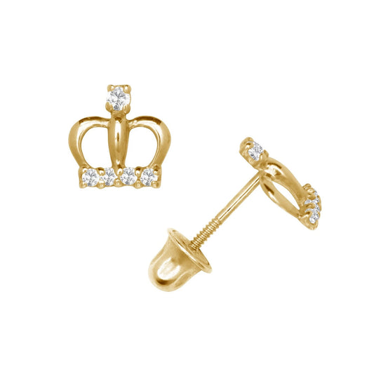 14K Yellow & White Gold Pretty CZ Crown Stud Earrings for Women