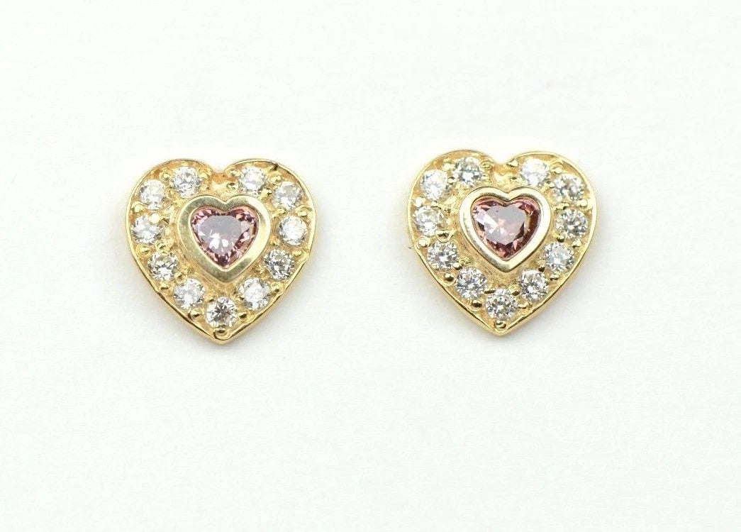 14K Yellow Gold Birthstone Heart with CZ Stud Earrings Screw Back