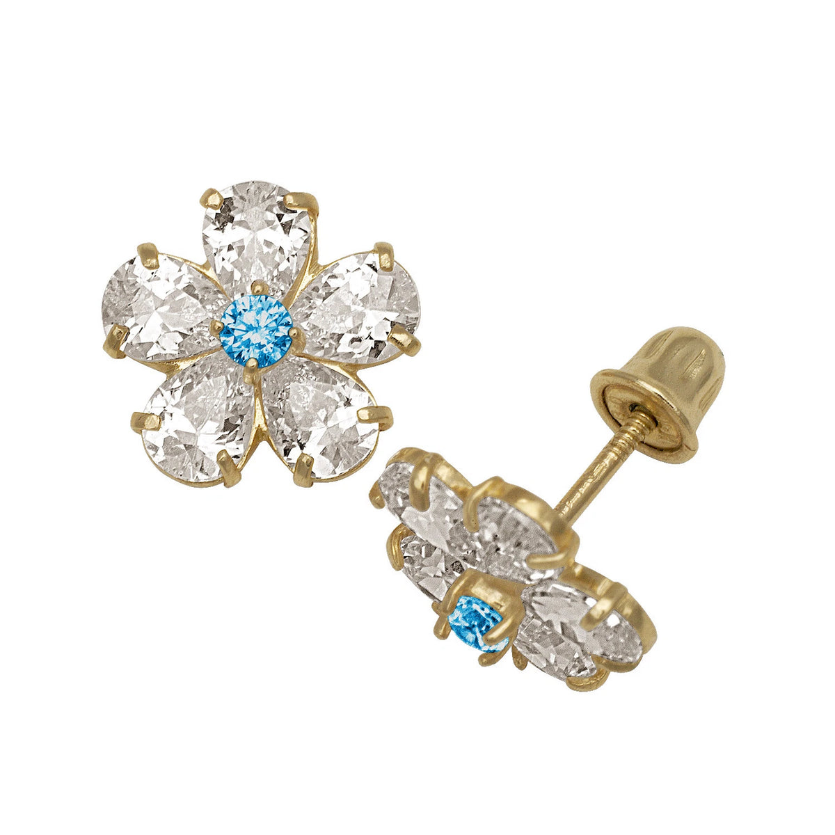 14k Yellow & White Gold CZ Flower Birthstone Stud Screw Back Earrings for Women