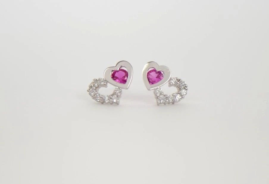 14K White Gold Double Heart Earrings