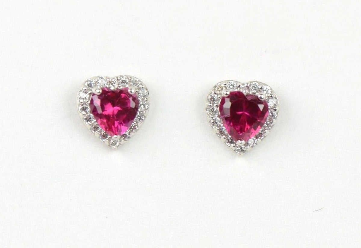 14k Solid White Gold Halo Heart Stud Earrings