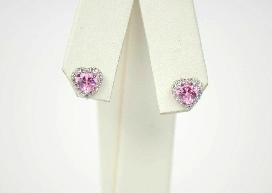 14K White Gold Halo Heart CZ Stud Earrings Screw Back