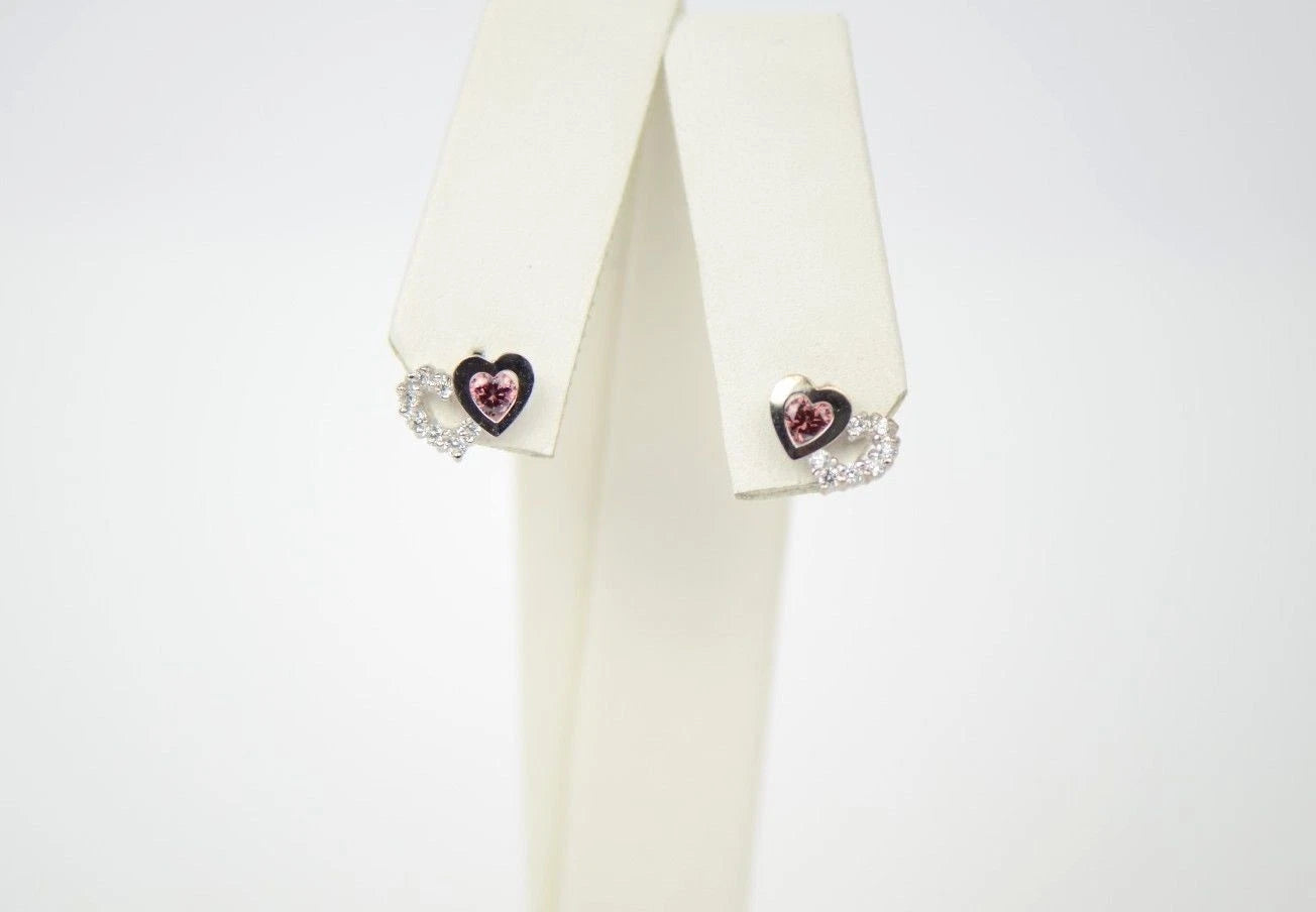 14K White Gold Double Heart Earrings