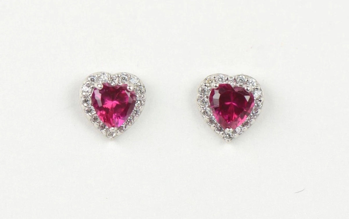 14k Solid White Gold Halo Heart Stud Earrings