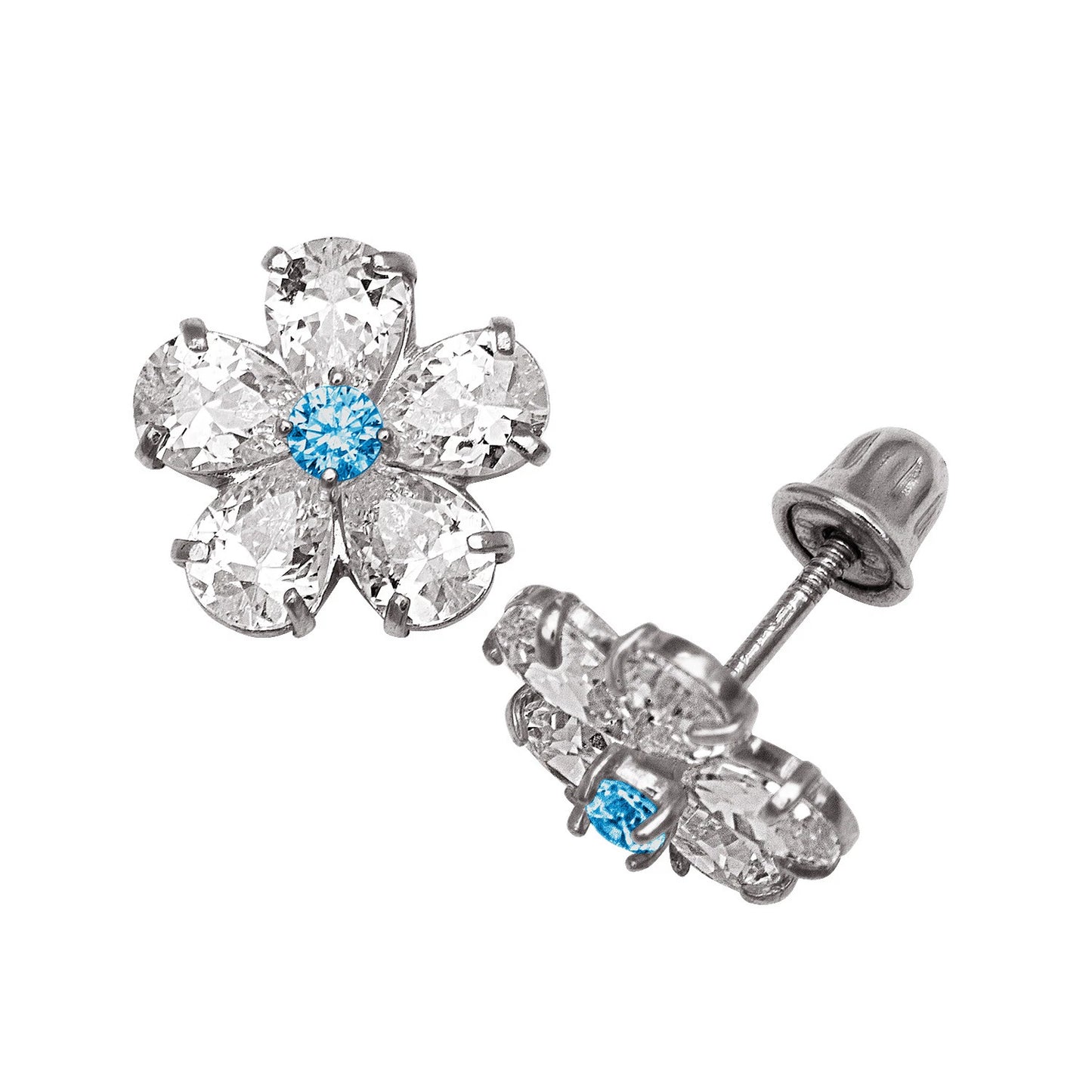 14k Yellow & White Gold CZ Flower Birthstone Stud Screw Back Earrings for Women