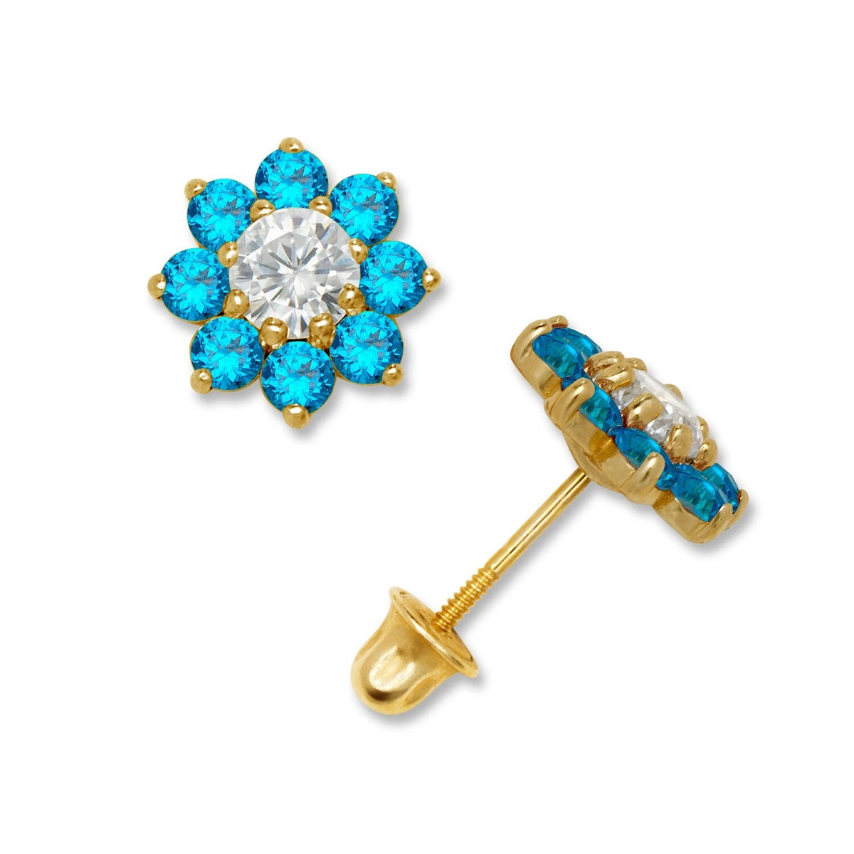 14K Yellow & White Gold Large Beautiful CZ Flower Stud Earrings for Women