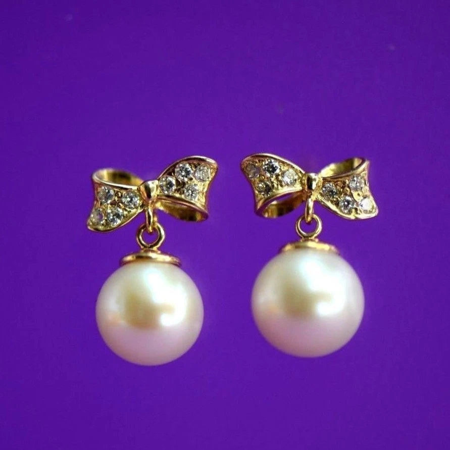 14k yellow white gold bow tie pearl cz stud earring freshwater