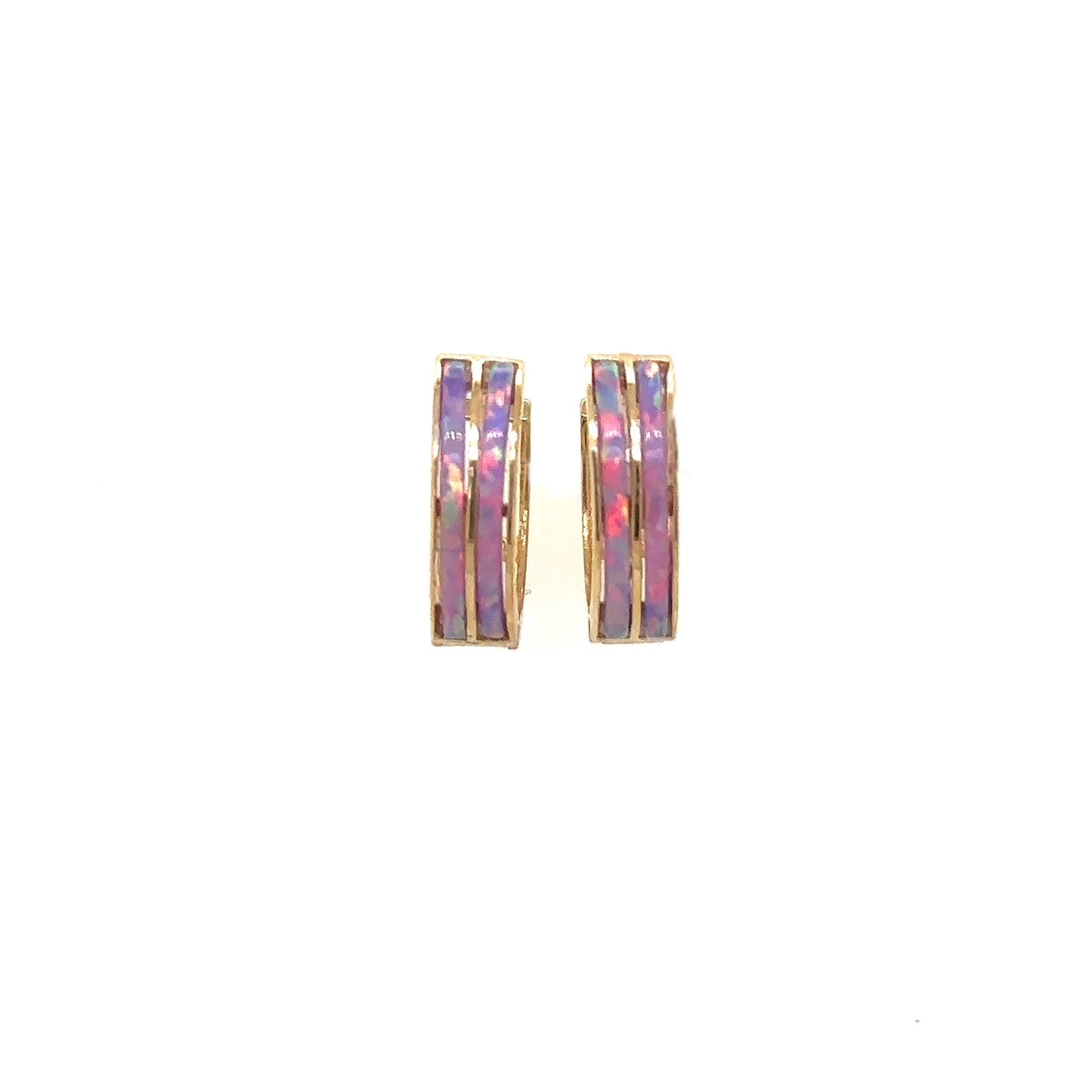 14k Yellow Gold Double Row Purple Opal Huggie Hoop Earrings