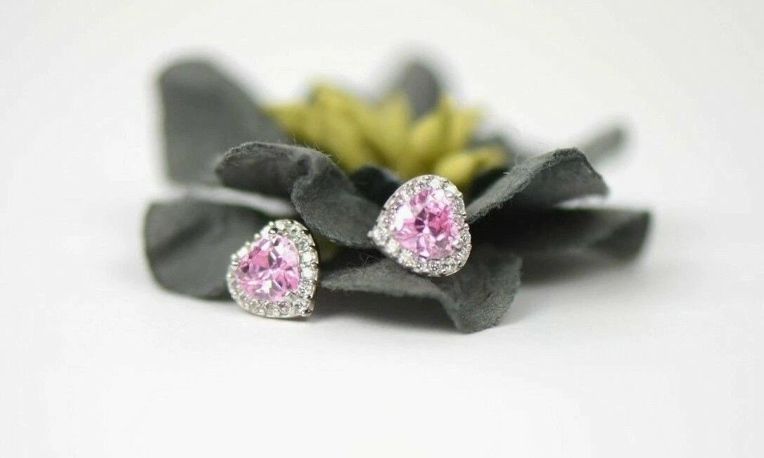 14K White Gold Halo Heart CZ Stud Earrings Screw Back