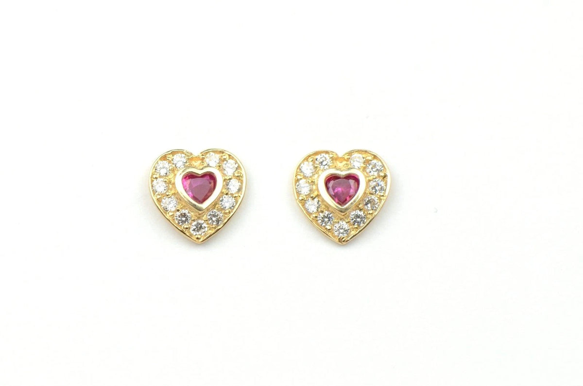 14K Yellow Gold Birthstone Heart with CZ Stud Earrings Screw Back
