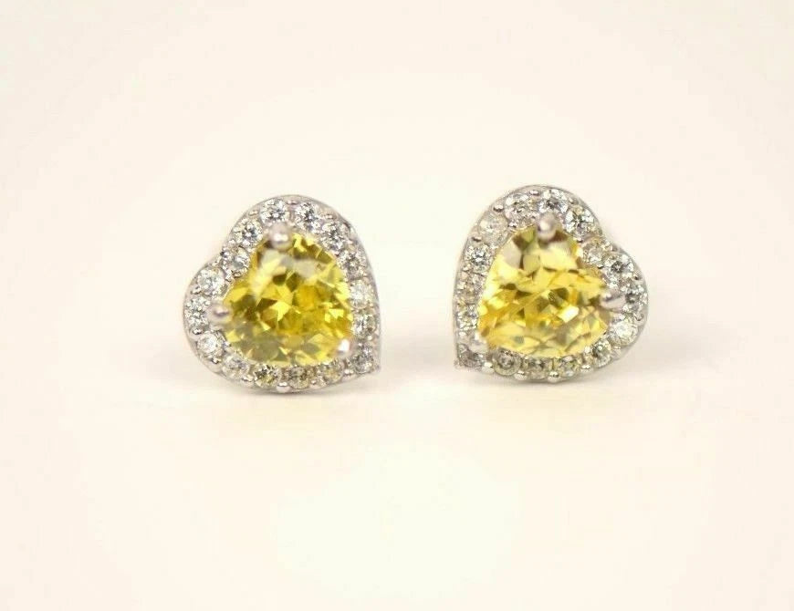 14K White Gold Halo Heart CZ Stud Earrings Screw Back