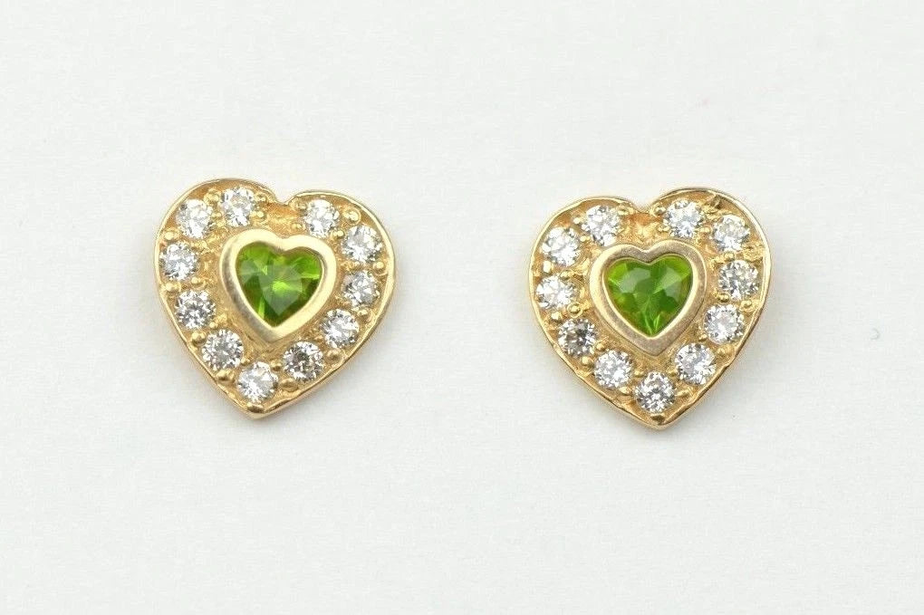 14K Yellow Gold Birthstone Heart with CZ Stud Earrings Screw Back