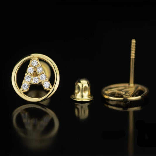 14k Yellow or White Gold Round Initial Letters CZ Stud Earrings