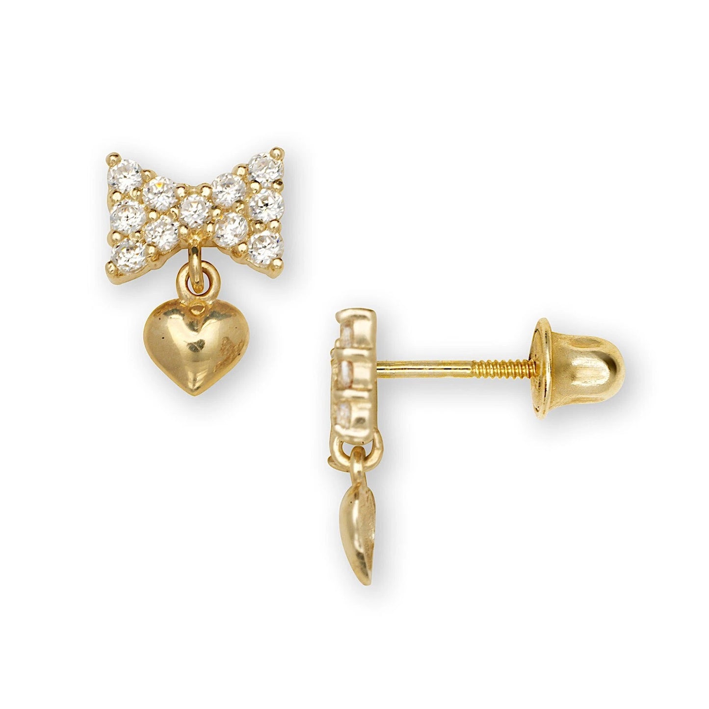 14K Yellow & White Gold Sweet Bow & Heart Dangle Earrings for Girls