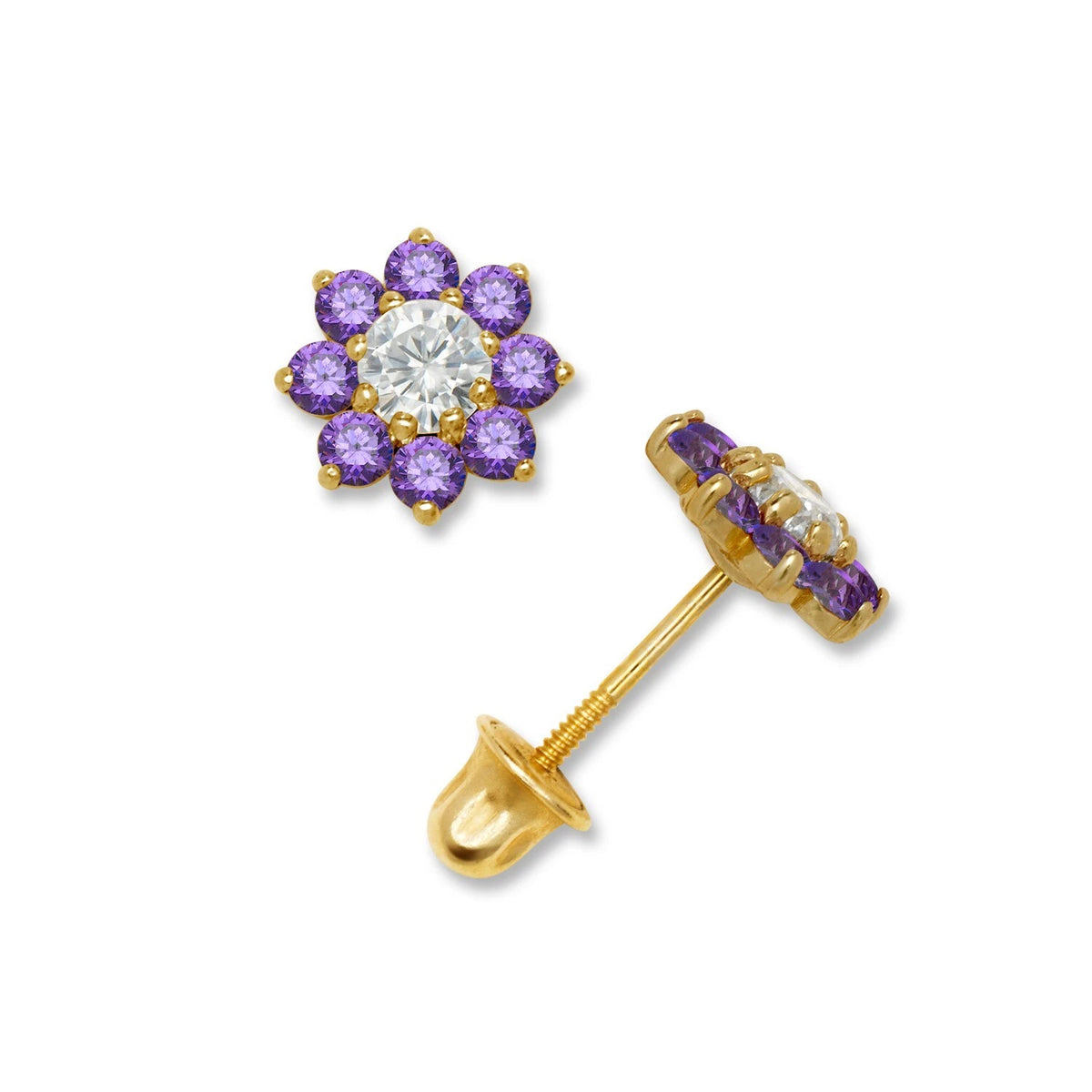 14K Yellow & White Gold Small Beautiful CZ Flower Stud Earrings for Girls