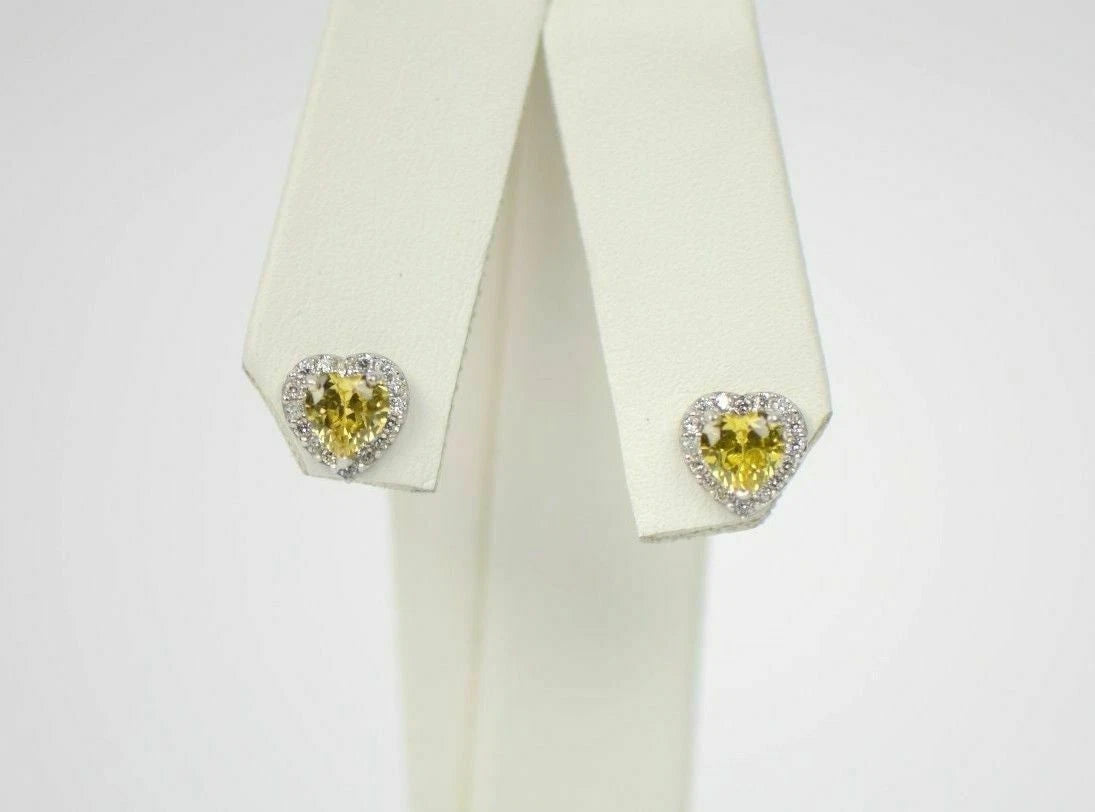 14K White Gold Halo Heart CZ Stud Earrings Screw Back