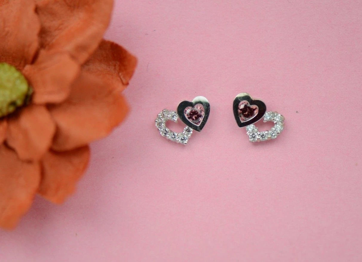 14K White Gold Double Heart Earrings