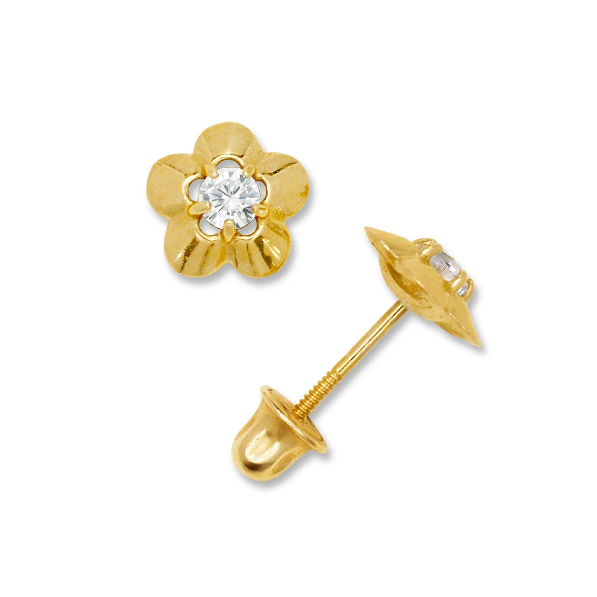 14K Yellow & White Gold Elegant CZ Flower Stud Earrings for Girls