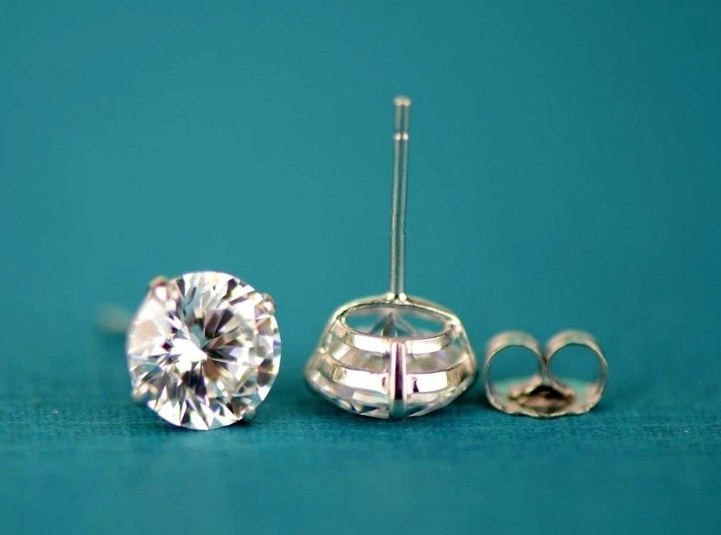 14k Heavy Basket White Gold Round AAA Quality CZ Stud with push back