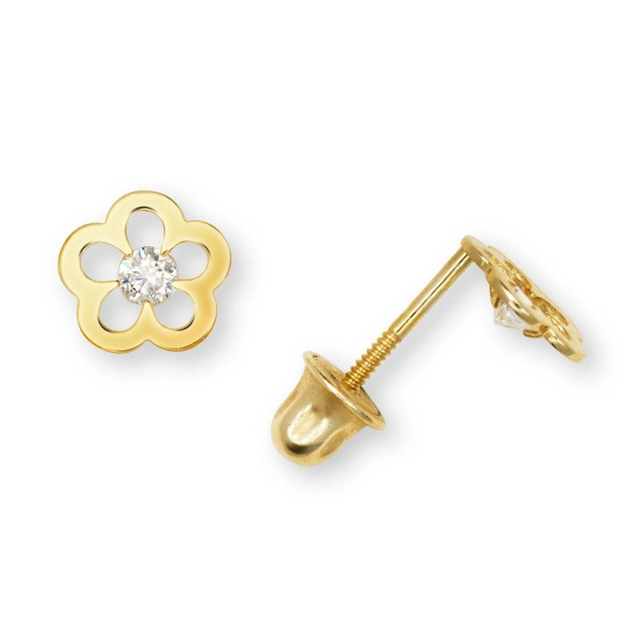 14K Yellow & White Gold Flower Cute CZ Stud Screw back Earrings for Women
