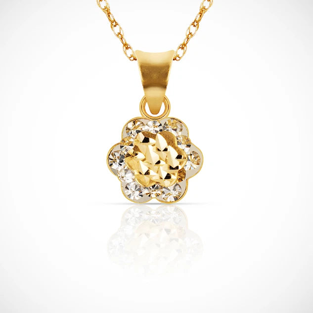 14K Pure Solid Yellow Gold CZ Tear Drop Flower Pendant For Women