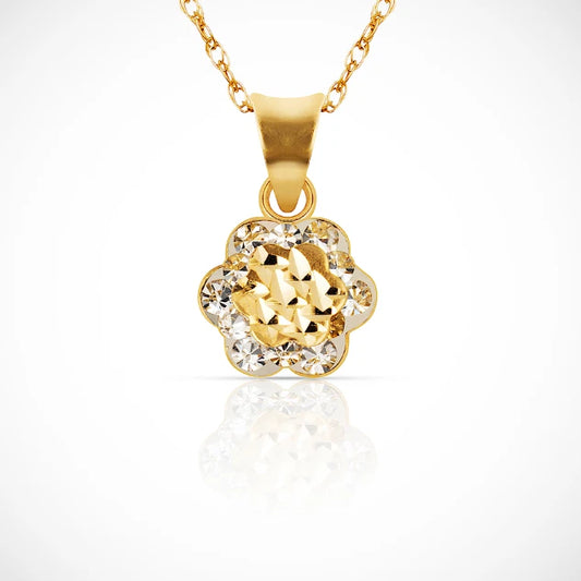 14K Pure Solid Yellow Gold CZ Tear Drop Flower Pendant For Women