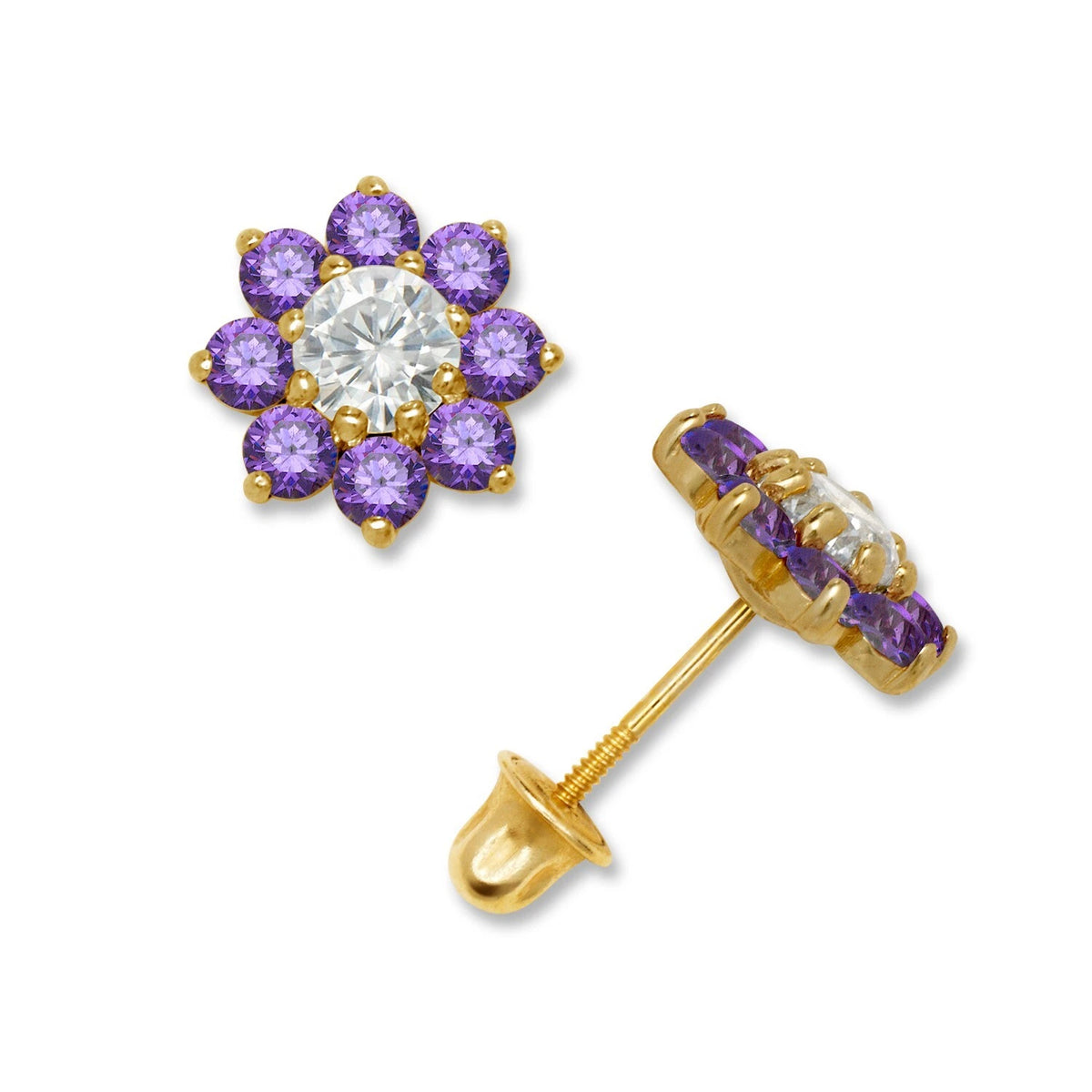 14K Yellow & White Gold Large Beautiful CZ Flower Stud Earrings for Women