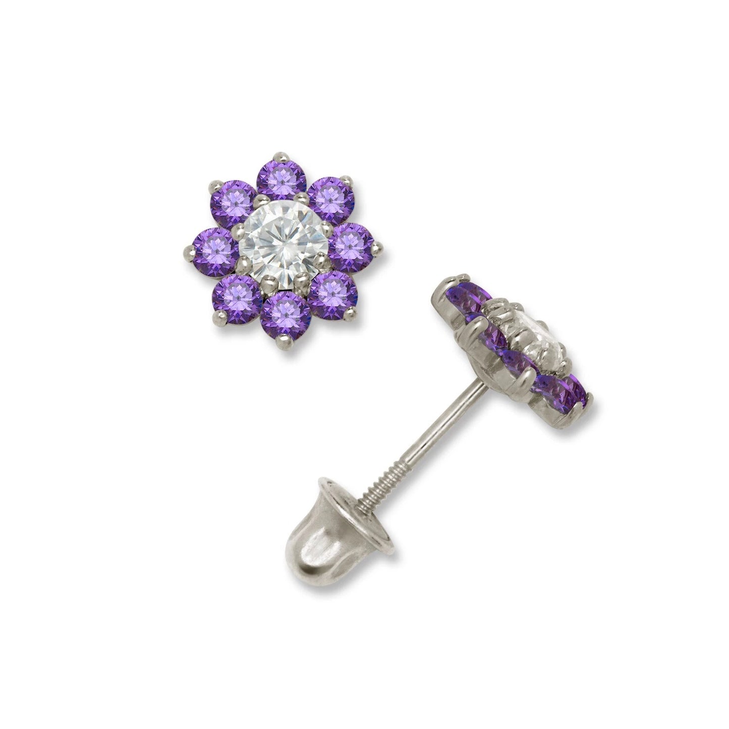 14K Yellow & White Gold Small Beautiful CZ Flower Stud Earrings for Girls