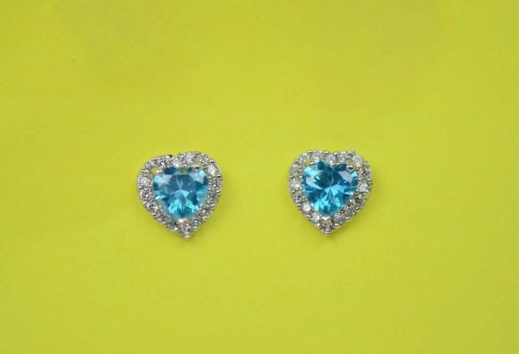 14K White Gold Halo Heart CZ Stud Earrings Screw Back