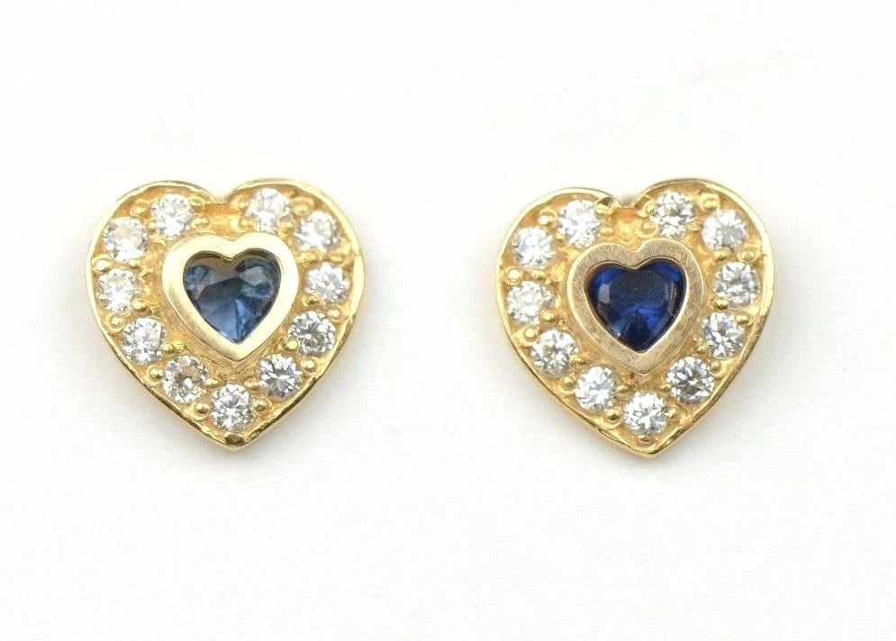 14K Yellow Gold Birthstone Heart with CZ Stud Earrings Screw Back