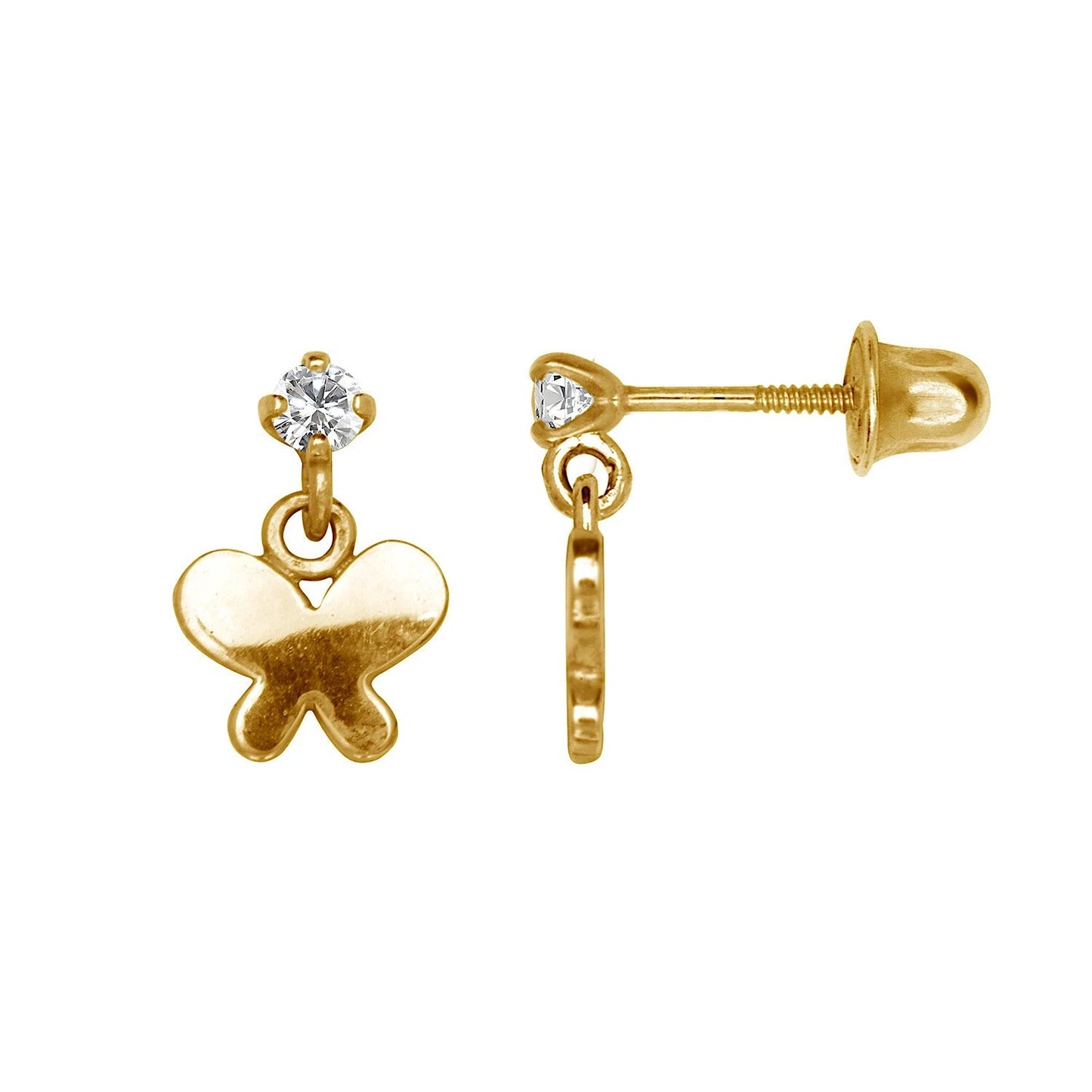 14K Yellow & White Gold CZ Butterfly Dangle Screw back Earrings for Women
