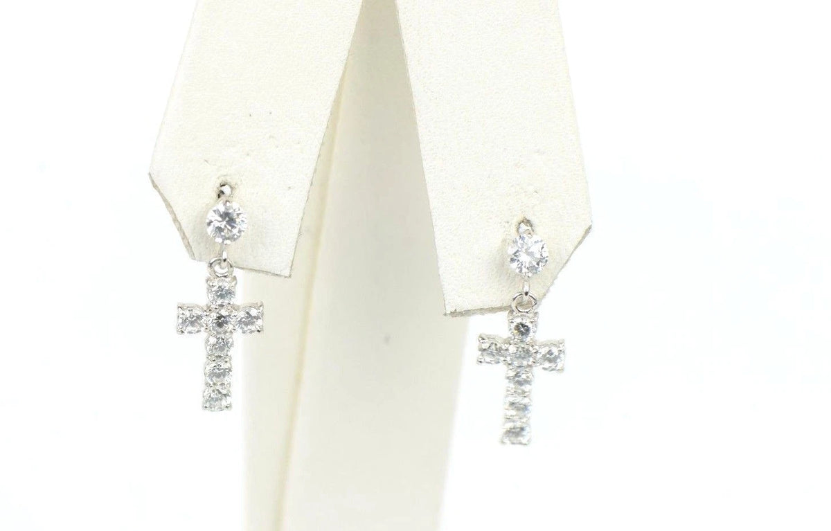 14K Yellow or White Gold Cubic Zirconia CZ Cross Dangle Earrings