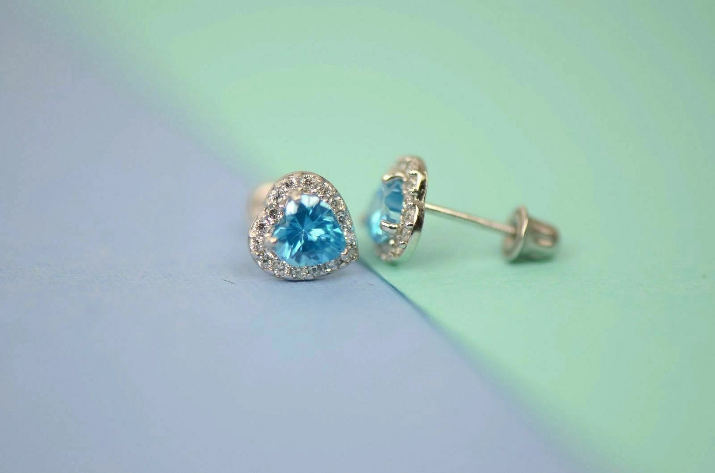 14K White Gold Halo Heart CZ Stud Earrings Screw Back