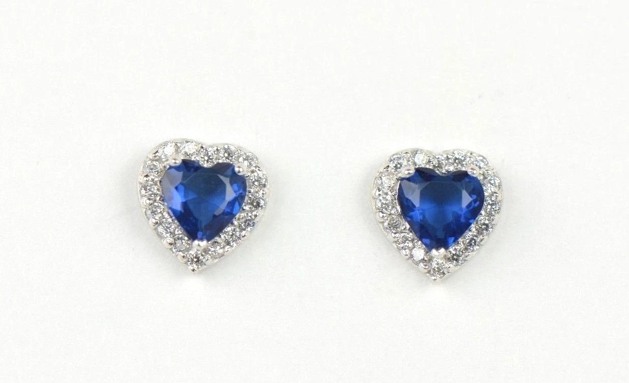 14k Solid White Gold Halo Heart Stud Earrings