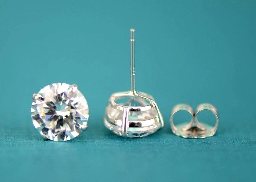 14k Heavy Basket White Gold Round AAA Quality CZ Stud with push back