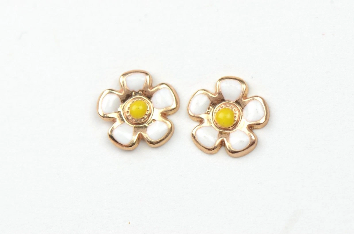 14k Yellow Gold Baby Enamel Flower Earrings, Screw Back