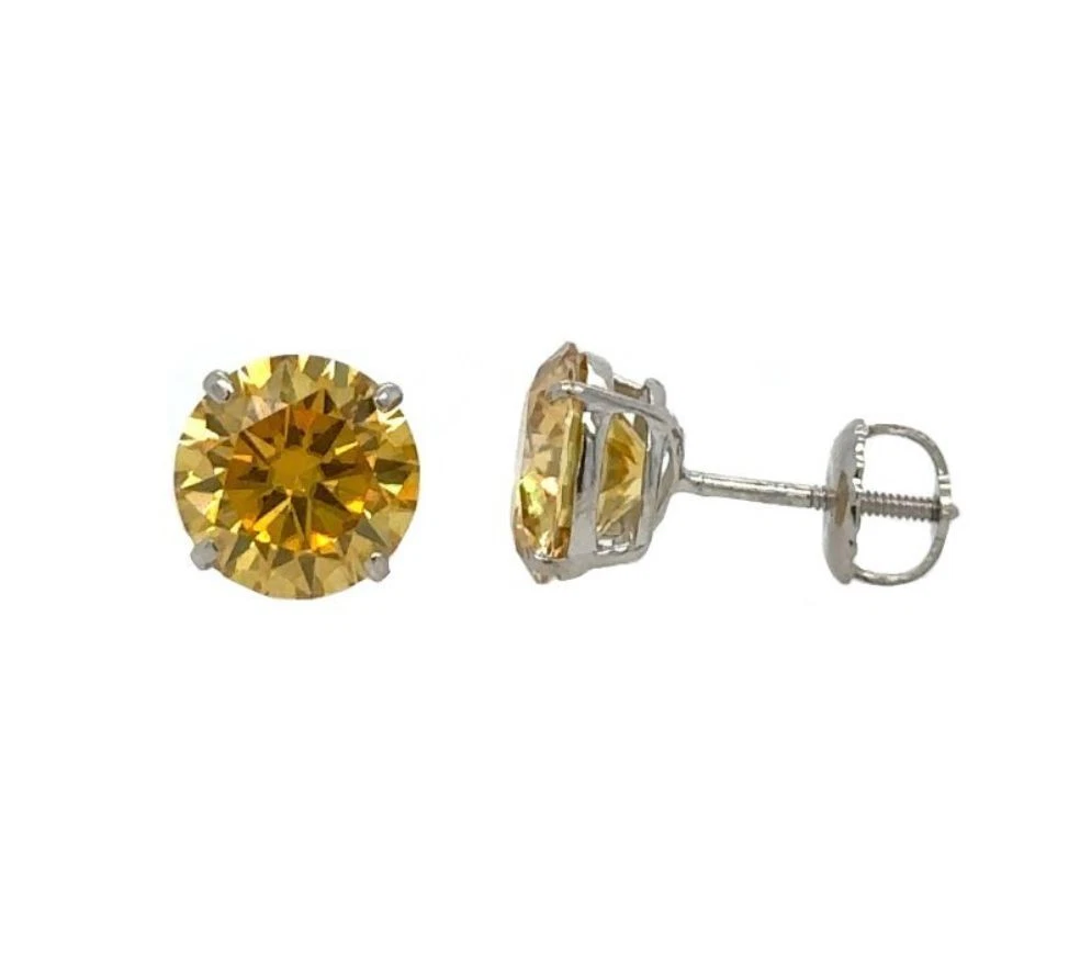 14K Gold Certified GRA D-VVS1 Round Yellow Moissanite Screw Back Studs Earrings