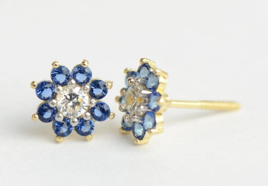 14k Yellow Gold Flower Stud Earrings with  Birthstone Screw Back