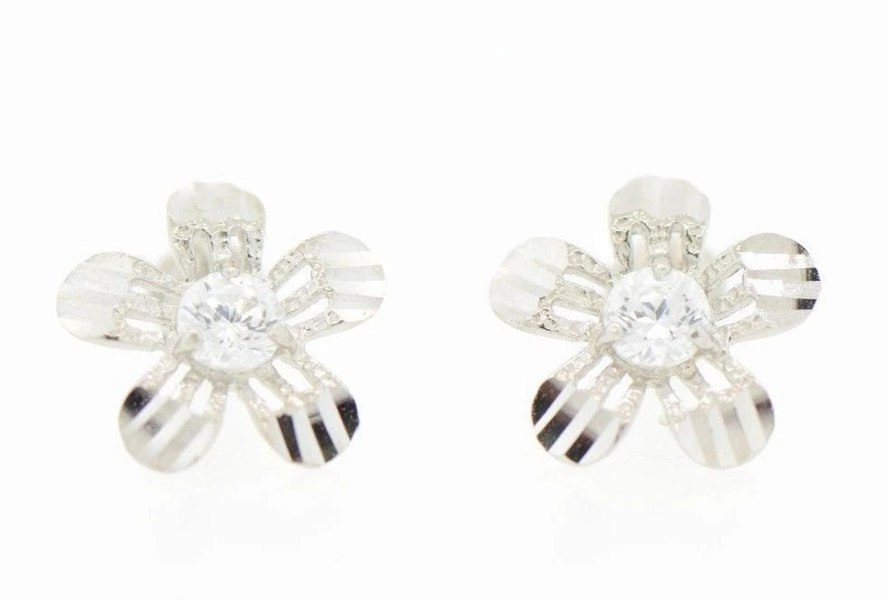 14k White Gold Flower Stud CZ Earrings