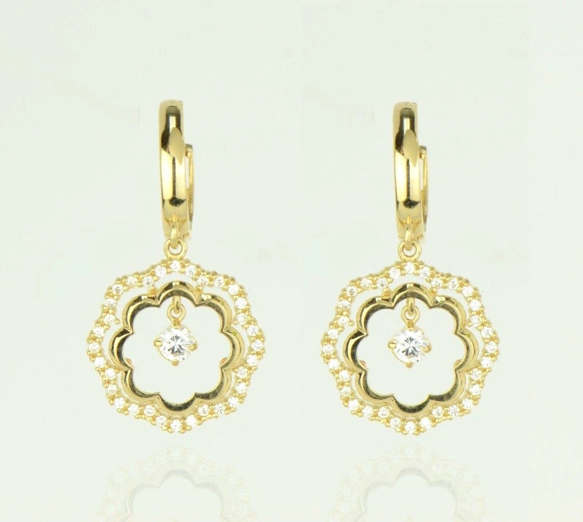 14k Yellow / White Gold Dangle CZ Flower Huggie Earrings