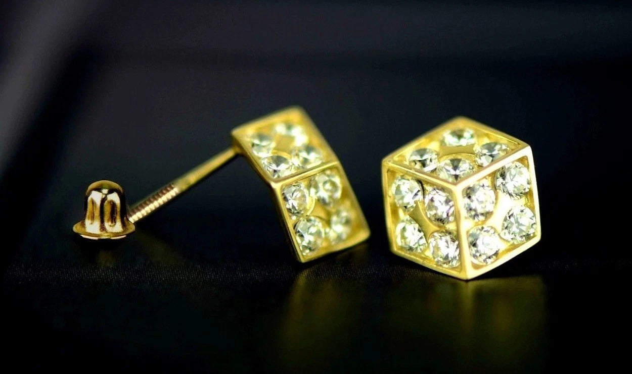 14K Yellow or White Gold Dice Stud Earrings Screw Back