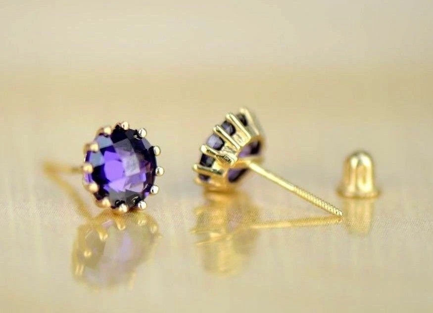 14k Solid Yellow Gold 6mm Round Birthstone Screw Back Earrings for Women