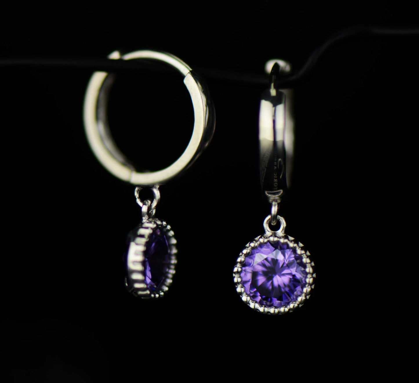 14k White Gold Dangle Round Birthstone Huggie Earrings