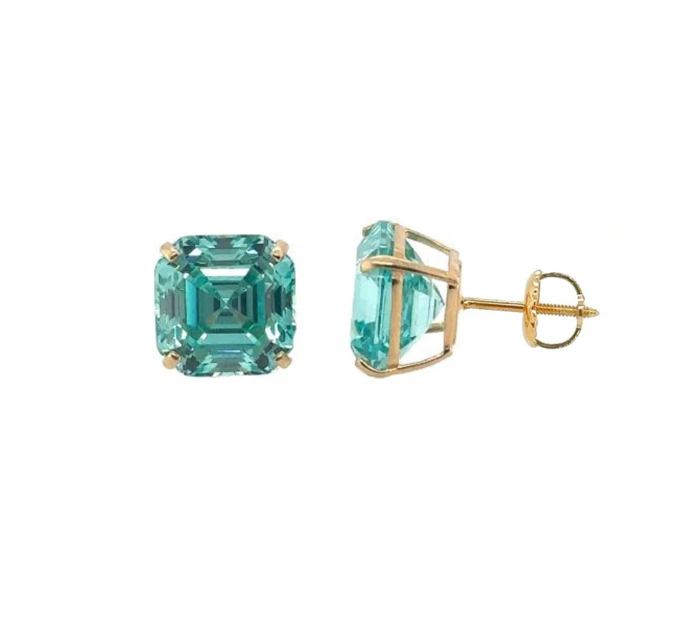 14K Yellow Gold Asscher Cut Stud Earrings Screw Back