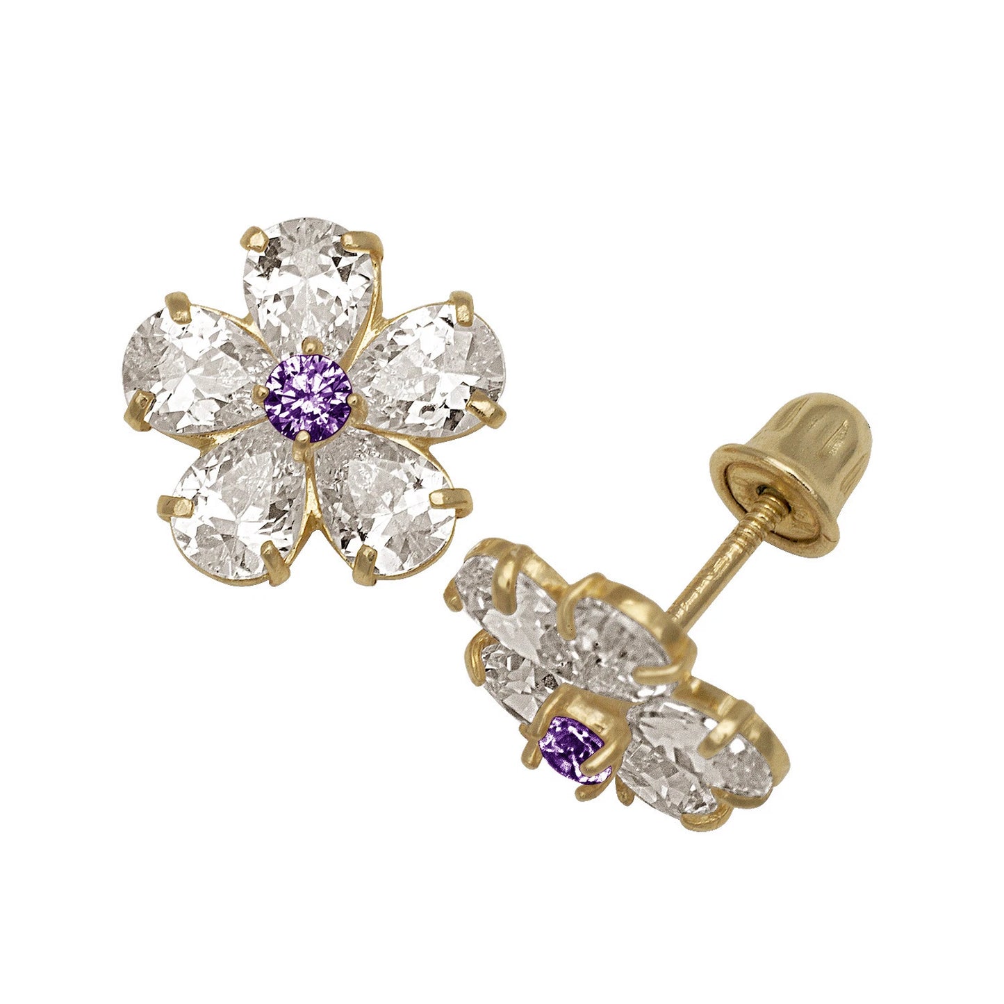 14k Yellow & White Gold CZ Flower Birthstone Stud Screw Back Earrings for Women