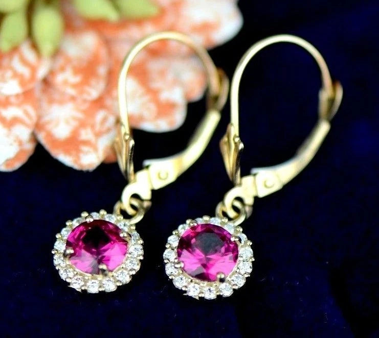 14k Yellow Gold Halo Dangle Round Leverback Pierced Earrings Birthstone