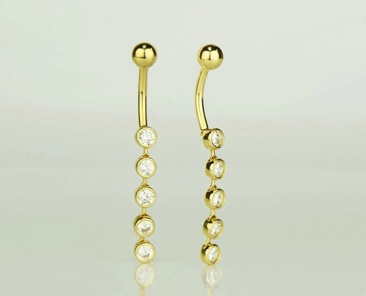 14k Yellow or White Gold Belly Button Dangle CZ Bezel Barbel Bar Ring