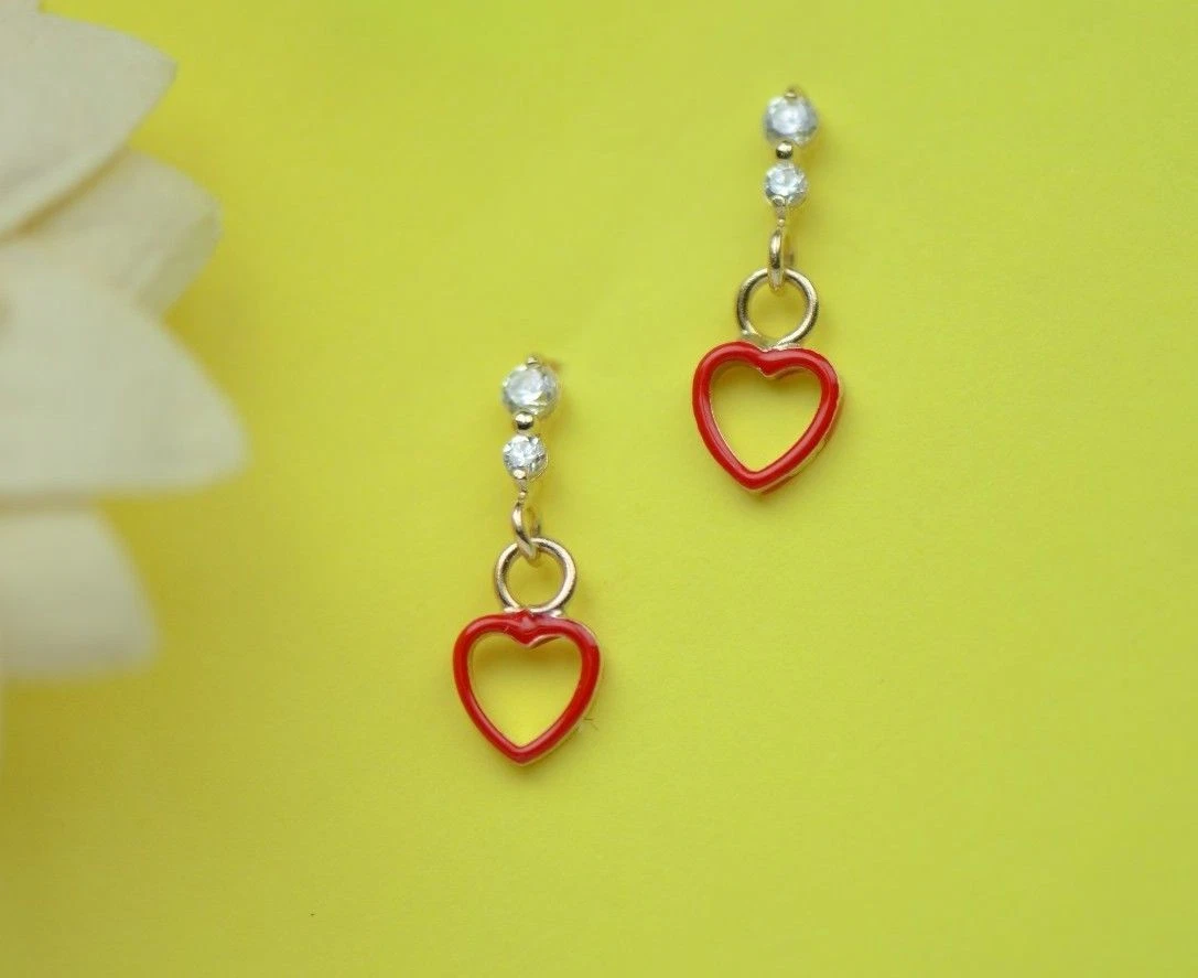 14K Solid Yellow Gold Heart Shape Dangle Earring with Enamel