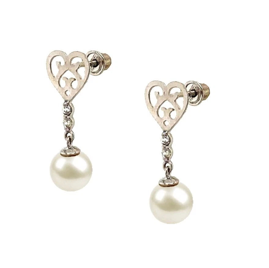 14K White Gold Dangle Earrings With Genuine Freshwater Cultured Pearl ScrewBack