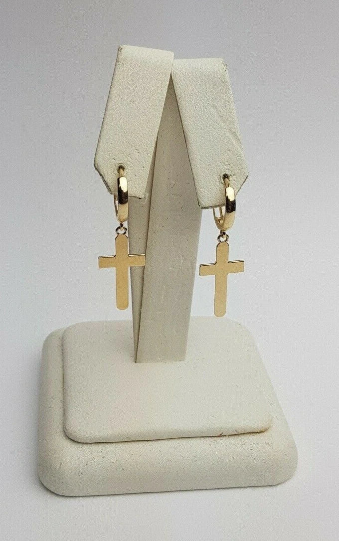 14k Yellow / White Gold Dangle Cross Hamsa Huggie Earrings
